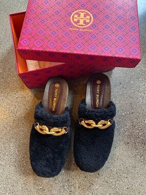 Tory Burch Black Faux Shearling Mules with Gold Chain Detail